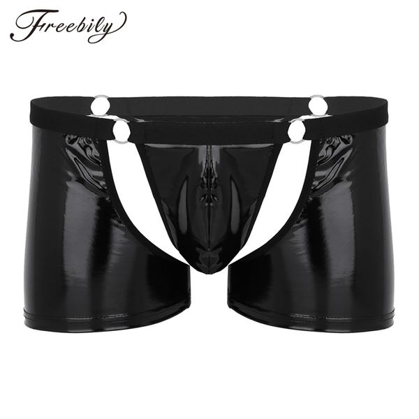 

underpants men lingerie sissy underwear wetlook faux leather cut out bulge pouch low rise boxer shorts gay male panties, Black;white