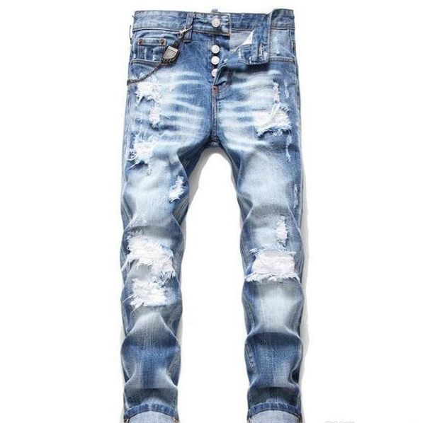 

new mens distressed ripped blue skinny jeans fashion designer slim fit washed motocycle denim pants panelled hip hop biker trousers