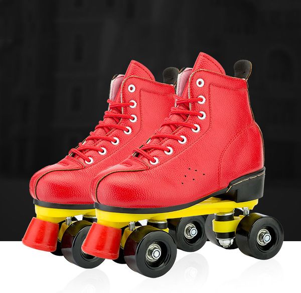

inline & roller skates red lether with pu wheel woman man patines outdoor double row skating shoes