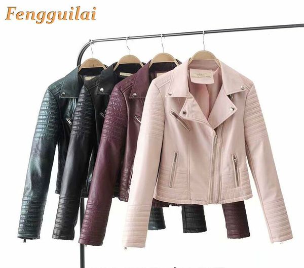 

2019 new autumn winter women motorcycle faux pu leather red beige jackets lady biker outerwear coat with belt 7 color, Black