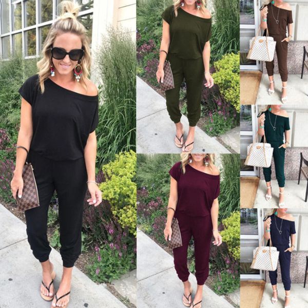 

women off shoulder jumpsuit pants club casual loose solid one shoulder short sleeve party ladies rompers playsuit ljja2676, Gray