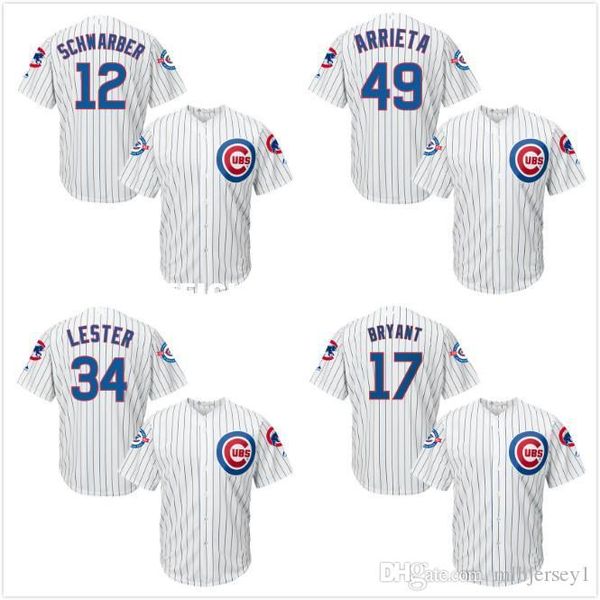

17 kris bryant 44 anthony rizzo12 kyle schwarber 49 arrieta jersey white stripe 100 anniversary, Black;blue