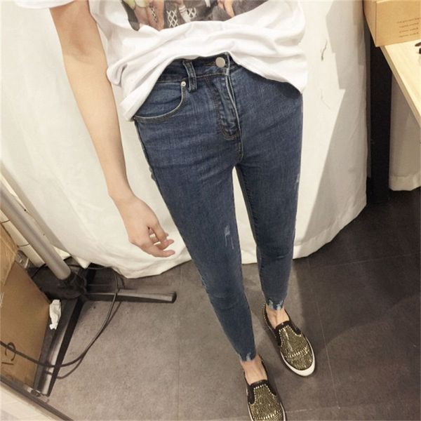 

women autumn fashion solid color high waist jeans ankle-length demin pants slim female pencil casual trousers, Blue