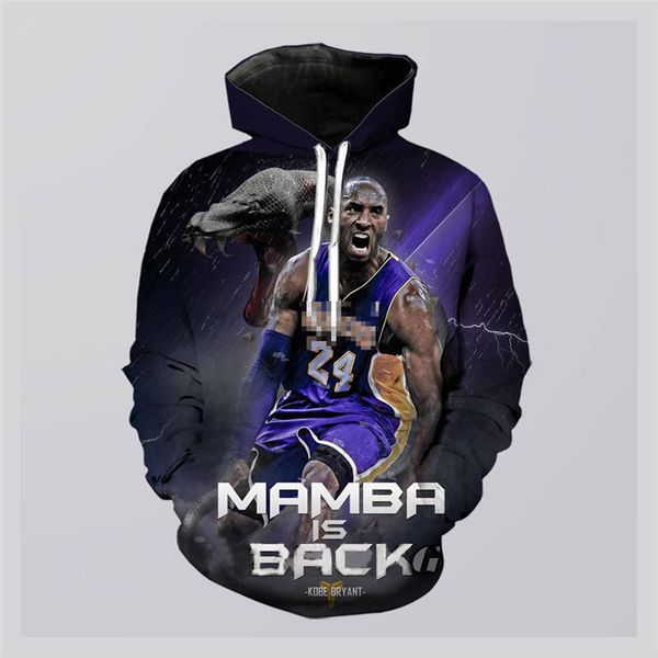 

kobe mens designer loose hoodies 3d digital hooded mens sweatshirts long sleeve street style males pullover casual tees, Black