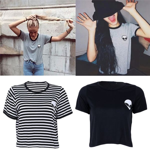 

3 colors new crop t shirt women alien et print copped t-shirt women fashion tee shirt femme, White