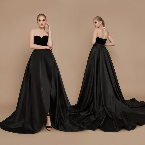 

riccasposa black satin evening dresses sweetheart neck front split prom gowns sweep train backless formal party gowns, Black;red