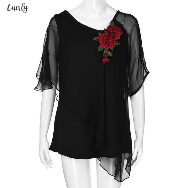 

plus size women blouse v neck chiffon flower embroidery ruffles sleeve lrregular hem lady v neck transparente shirts blusa new, White