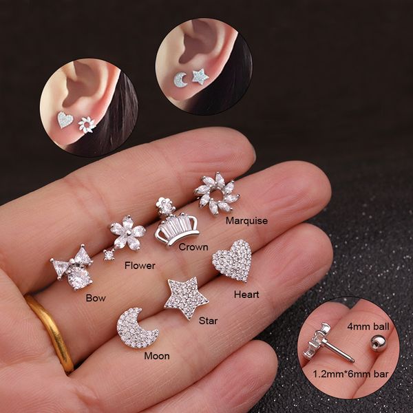 

sellsets 1pc bow crown flower moon star heart cz studs ear piercing jewelry helix cartilage earring tragus conch stud, Slivery;golden