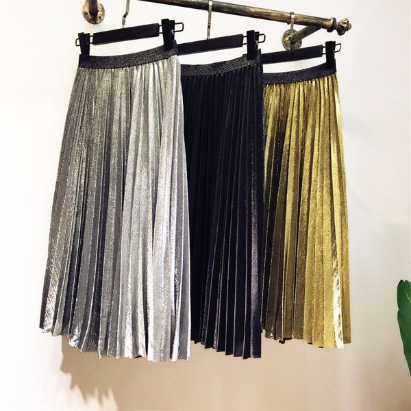 

fashion metal color gold silver shiny skirt punk women elastic high waist pleated skirt female night club party style, Black;gray