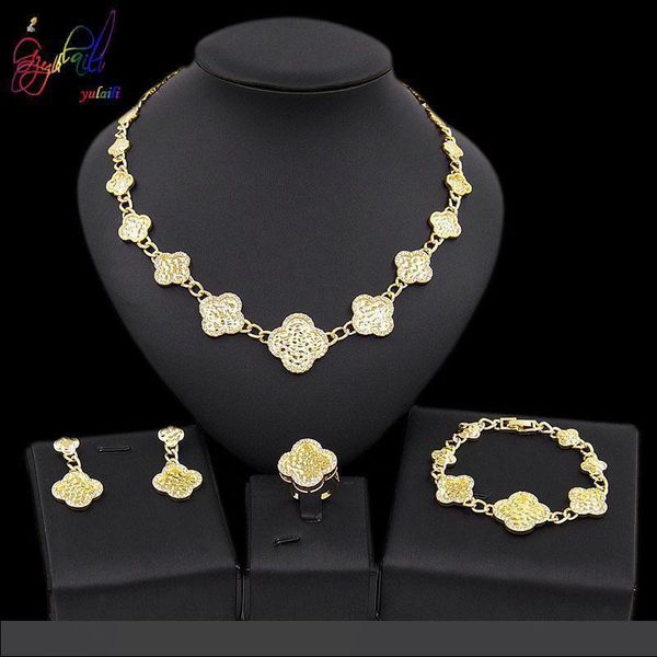

yulaili новая мода золотого цвета четыре листа клевера ожерелье серьги браслет кольцо для женщин свадебные ювелирные наборы бесплатная доста, Black