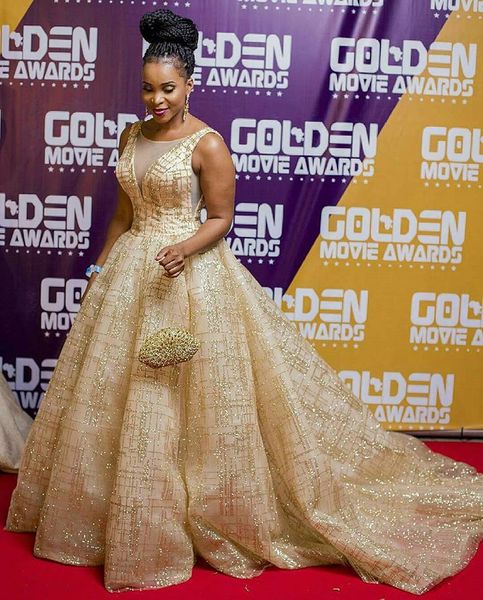 

Shinning Gold Ball Gown Evening Dresses Gorgeous Sequined Red Carpet Prom Dress Plus Size Formal Evening Gowns robe de soiree Abendkleider