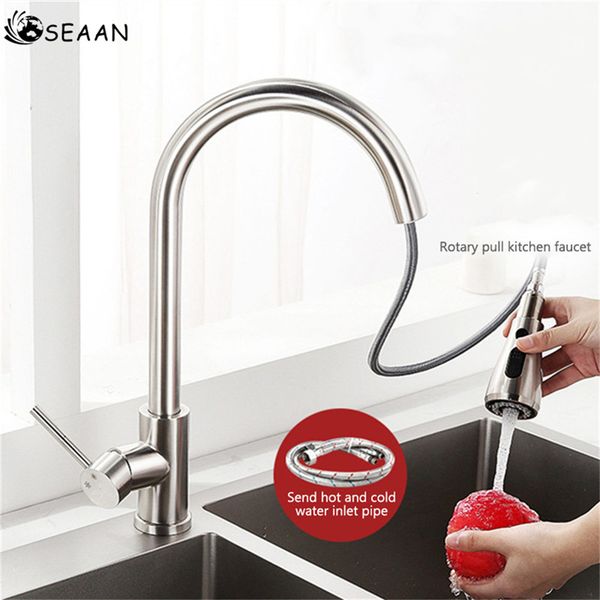 

seaan pull-out spout faucet sink tap 360 degrees rotating kitchen faucet with two buttons kitchen sink home accessories