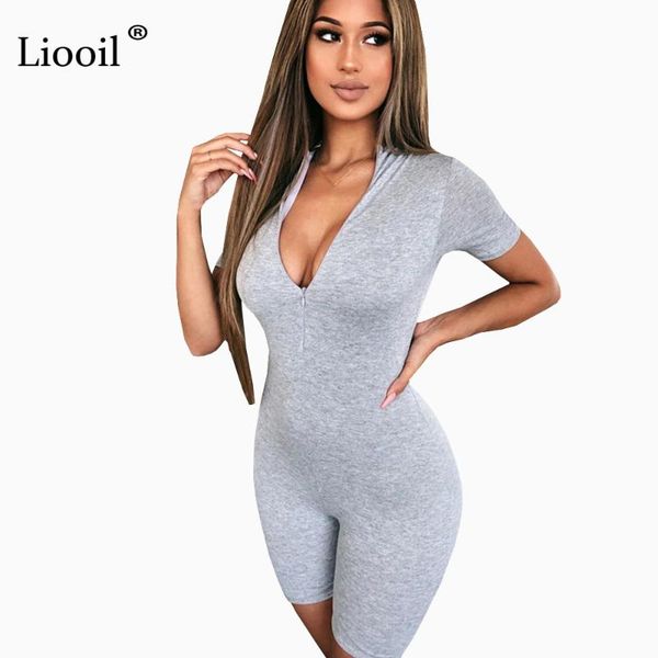 

liooil black gray bodycon playsuit women wear on both sides jumpsuit autumn 2020 zip up party club romper jumpsuits shorts, Black;white
