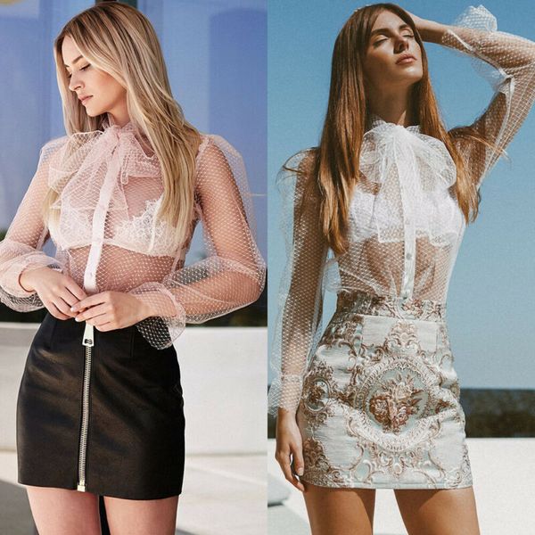 

2020 тенденции моды женщина mesh sheer длинного puff рукав пуловер блуза весна лето new ladies see through bow свободных топы рубашка, White
