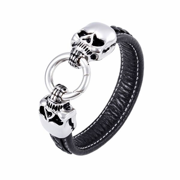 

22cm punk biker jewelry wholesale stainless steel leather bracelet bangle wristband for men gothic accessory, Golden;silver