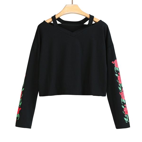 

fashion womens sweatshirt pullovers shredded o-neck long sleeve sweatshirt rose print causal jumper blouse moletom new, Black