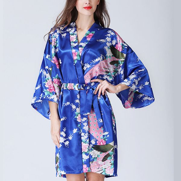 

woman loose style pajamas home sleepwear lace up floral print v-neck night gown kimono yukata robe nightgown, Black;red