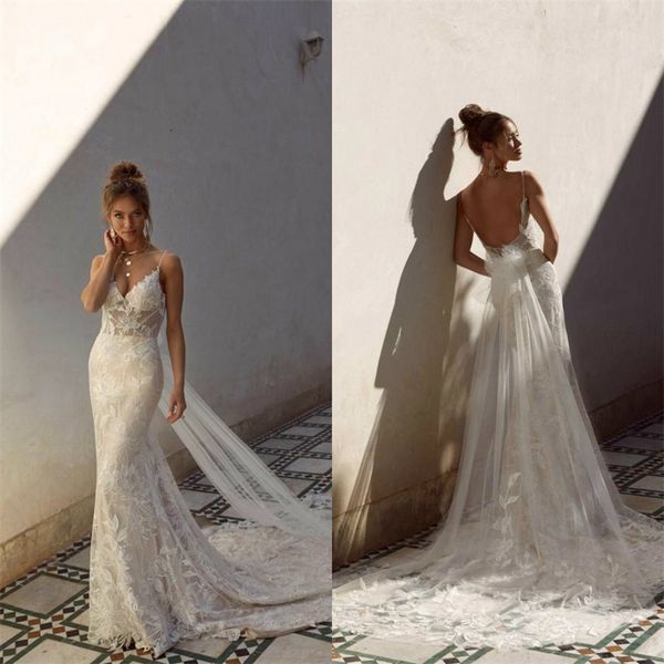

mermaid wedding dresses with detachable train spaghetti strap applique lace bridal gown backless sweep train vestidos de novia, White