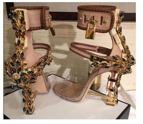 

2019luxury metallic lock women rome andal 10 color ladie unique diamond heel pump rihanna peep toe high heeled dre wedding hoe