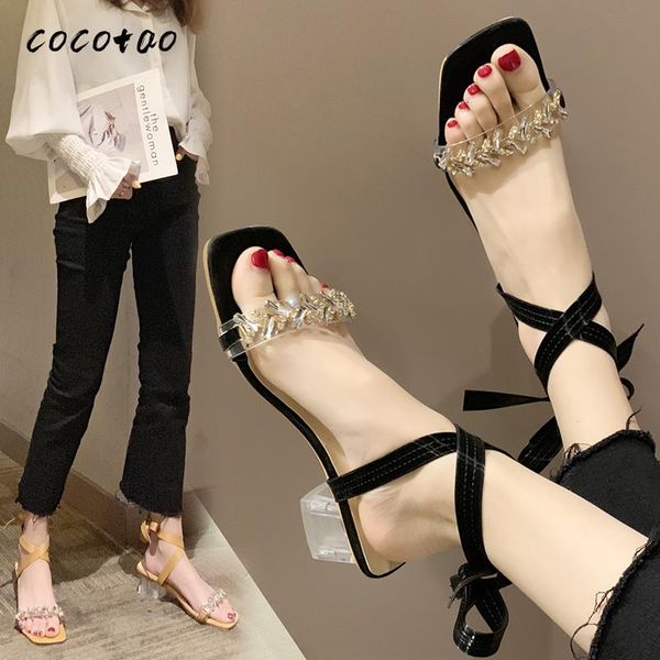 

2020 new korean version of the wild fashion ins tide thick heel sandals female fairy style cross strap high heel roman shoes, Black