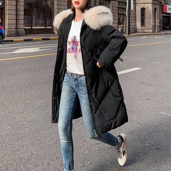 

medium and long thick jacket fur collar plaid 2019 outerwear coats female sewing thread korean jacket parka casual pocket, Black