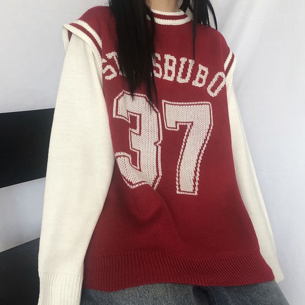 

2019 number embroidery women sweater vest winter wear korean loose harajuku style digital sleeveless knit women female vest, Black;white