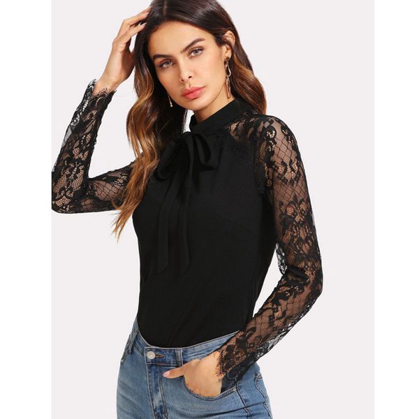 

2018 autumn women blouse elegant lace sleeve shirt tie neck long sleeve patchwork solid beach party casual shirt loose blusas, White
