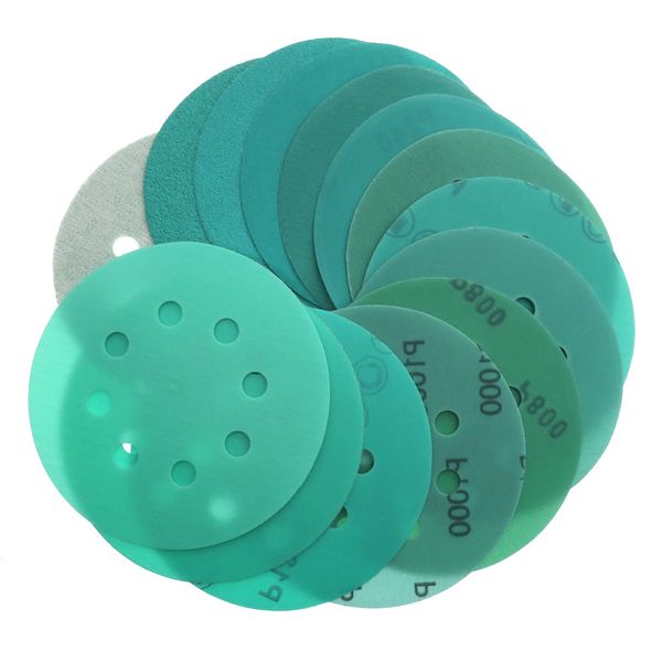

20pcs 5 inch 125mm 8 holes sandpaper 60 to 2000 grits hook and loop green film sanding disc