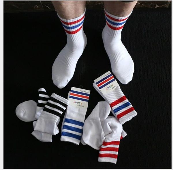 

thickened towel bottom men's pure cotton girdle, middle-height socks, three bar stripes sports socks, Black