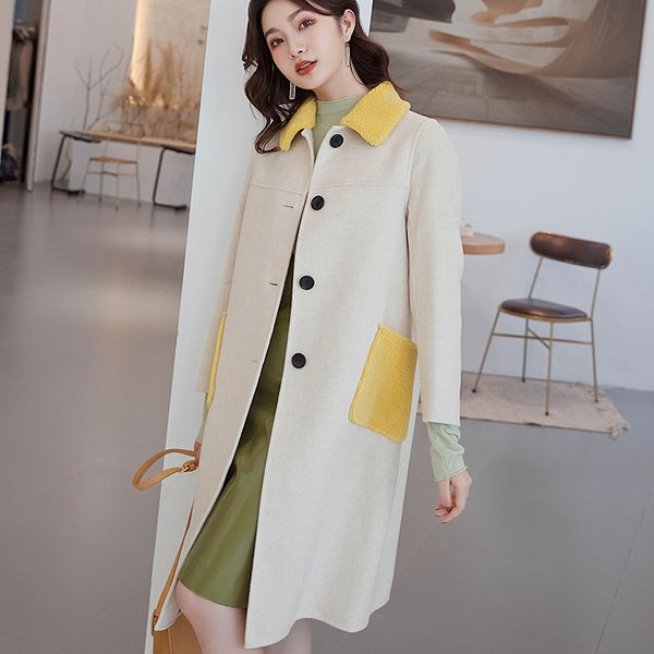 

lhzsyy 2019autumn зимы новых женщин двусторонний шерстяное пальто моды строчка меховой воротник карман long теплое pure wool толстое пальто, Black