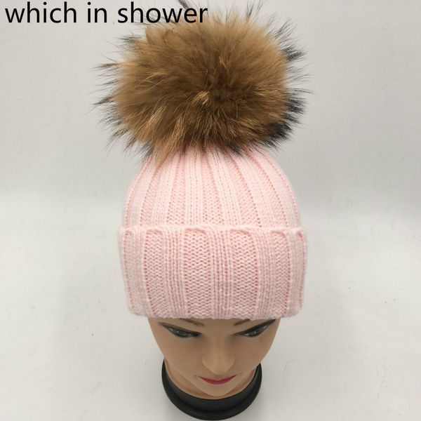 

which in shower children girl real fur raccoon pompon knit hat cap winter warm crochet beanie with fur pom-poms ball kids bonnet