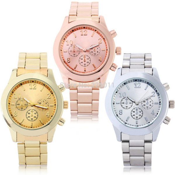 

fashion quartz watch men women faux chronograph plated clock relogio metal men's watches trustworthy 3colors, Slivery;brown