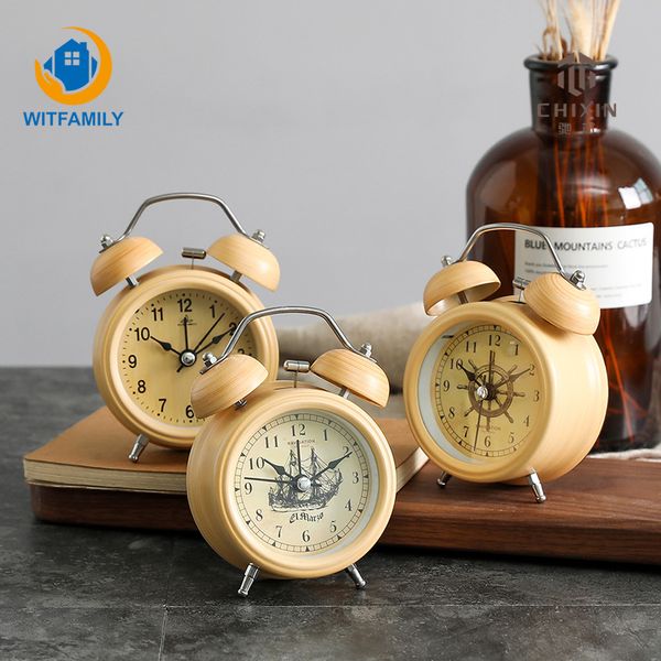 

metal bell alarm clock 3 inch retro european creative fashion simple wood grain mute night light student personality clock