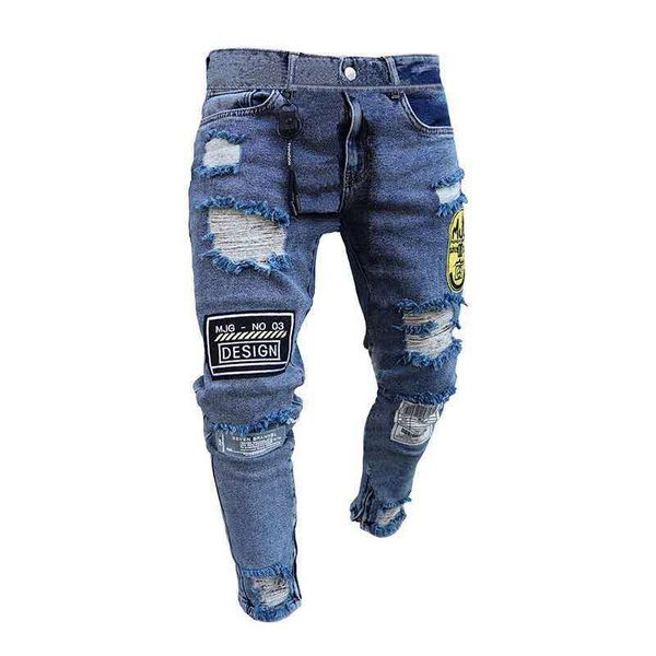 

2019 stretchy ripped skinny embroidery print biker jeans men destroyed hole taped slim fit denim men scratched jean, Blue