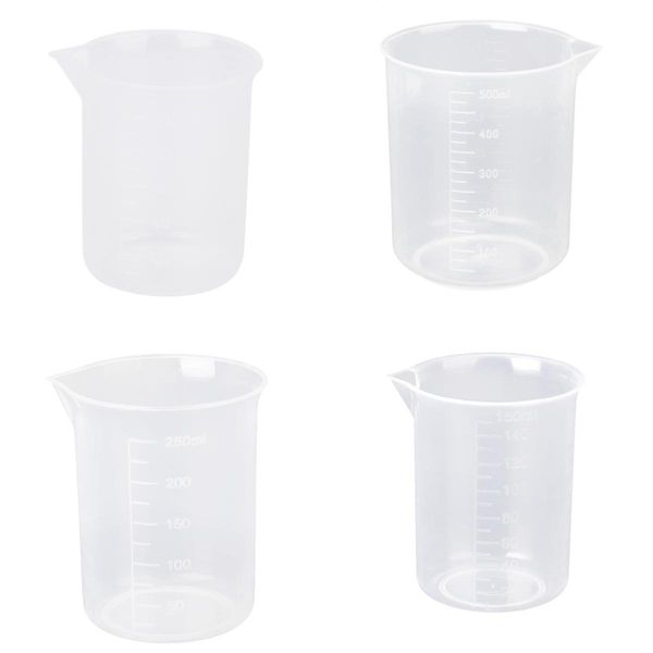 

4pcs 100/150/250/500ml clear lab plastic graduated beaker measuring cup tool