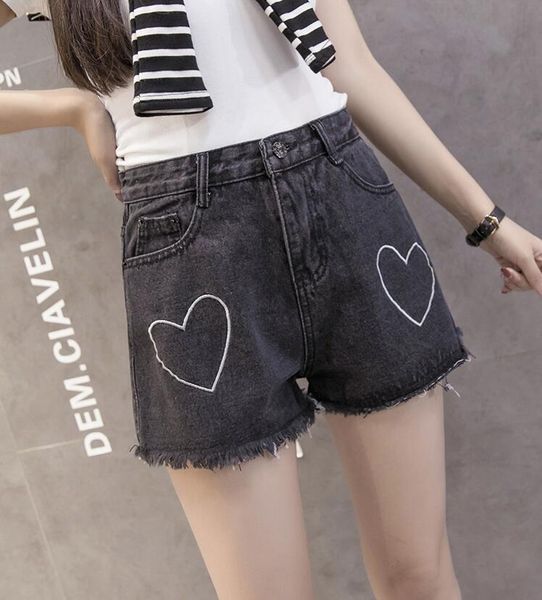 

spring and autumn new loose love heart embroidery high waist tassel wide leg pants denim shorts, Blue