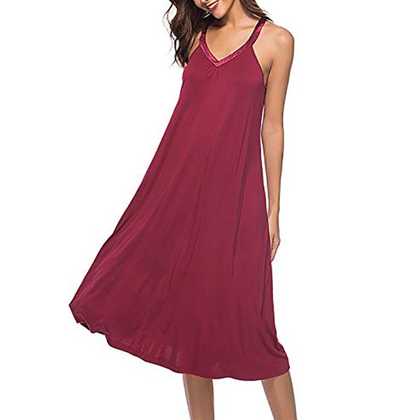 

ladies v nightdress sleeveless lingerie summer robe faux gown nightgown bath silk sleepwear women modal neck, Black;red
