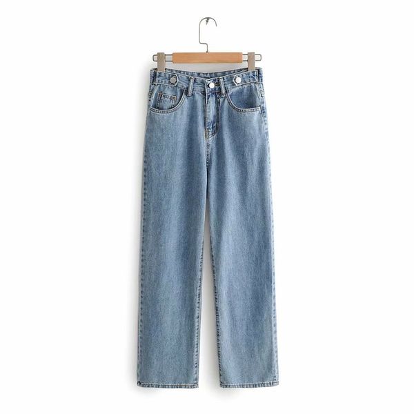 

popular new juliet 53-9103 european and american fashion fashion tight waist button ornamental straight cylinder jeans, Blue