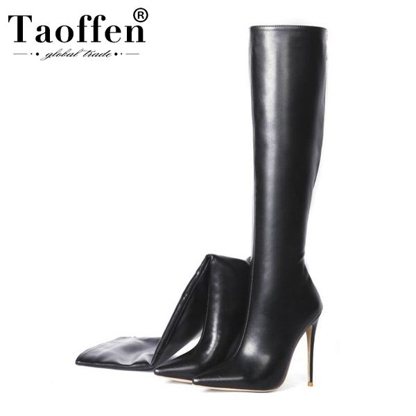 

taoffen 4 colors pointed toe over the knee boots zipper luxury high heel shoes women footwear botas size 34-45, Black