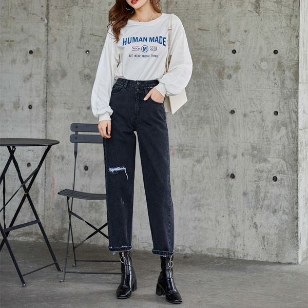 

autumn women's jeans casual solid color hole decoration loose jeans, Blue