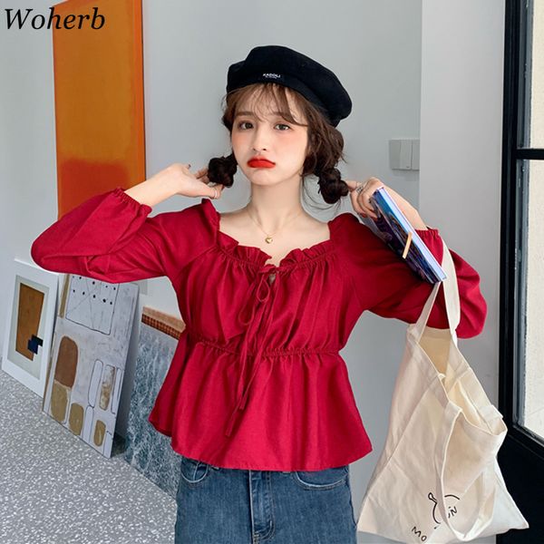 

woherb square collar crop blouse women retro short blusas pleated design shirt 2020 korean new modis ruffle shirts, White