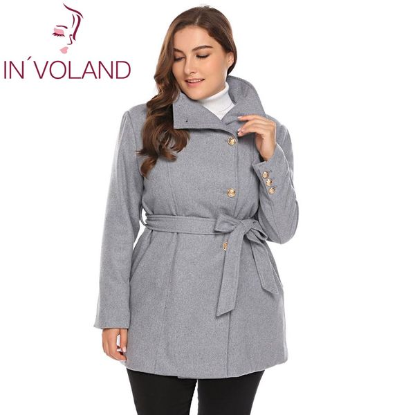 

women plus size l-5xl wool blend coat casual warm winter lapel long sleeve belted slim solid large overcoat trench coat oversize, Black