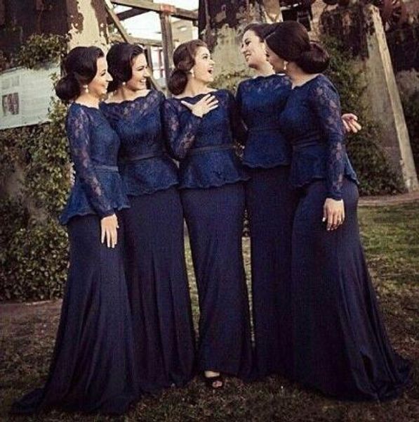 

navy blue lace bridesmaid dresses with sheer long sleeves plus size mermaid formal special occasion evening gowns wedding party gowns, White;pink