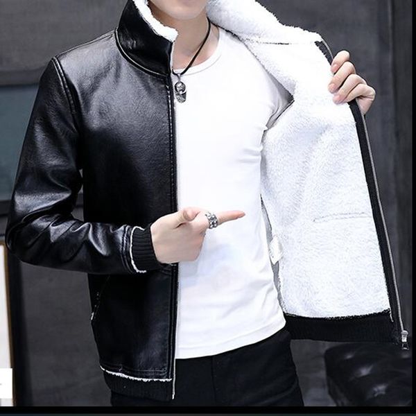 

2019 new winter motorcycle male leather jacket men windbreaker pu jackets male outwear warm pu baseball jackets size 4xl men fur, Black