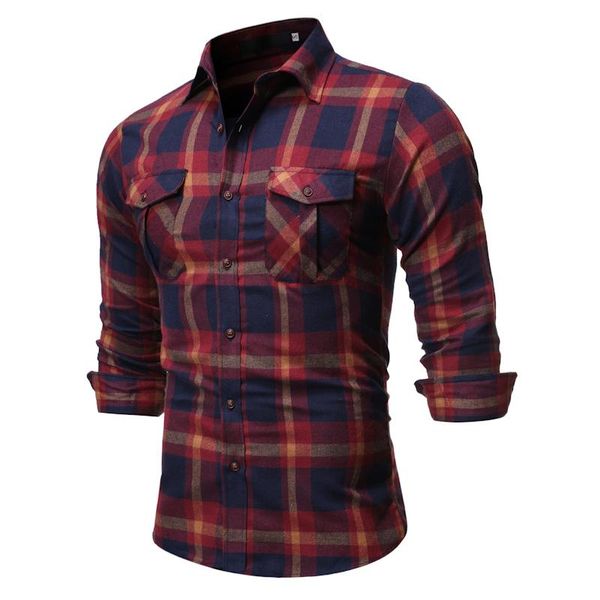 

double pocket mens dress shirts check grid stripe pattern plaid new model shirts men's clothing slim casual new, White;black