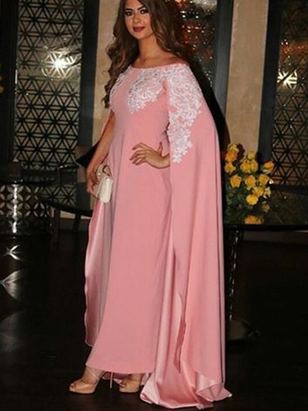 tripulação Dubai Kaftan islâmica árabe muçulmano Rosa Vestidos com Shawel Appliqued Lace chiffon formal Prom Party vestidos Plus Size 2020