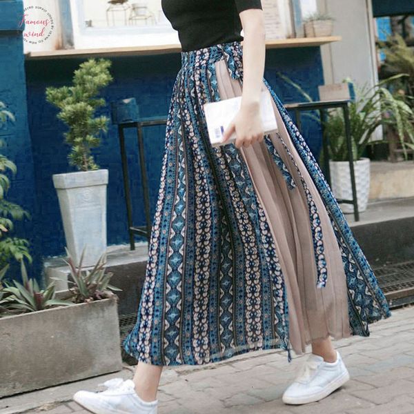 

38 women blue casual skirt print pleated skirts women fashion chiffon print patchwork bandage wrap pleated skirt long skirt, Black