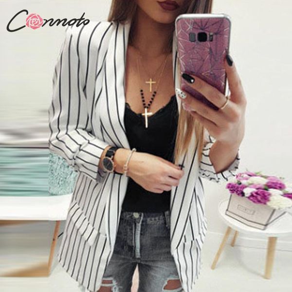 

conmoto high fashion elegant blazers women autumn winter white blackt stripe blazer outwear feminino blazer jackets