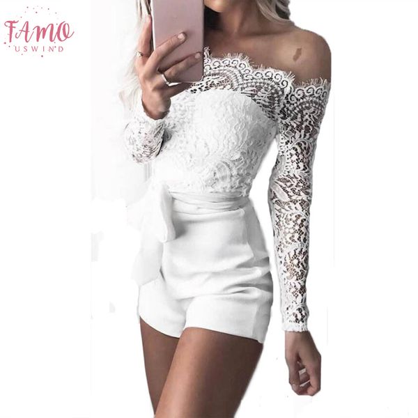 

women ladies summer autumn off shoulder playsuits fashion long sleeve sheer lace patchwork hollow bandage skinny playsuits, Black;white