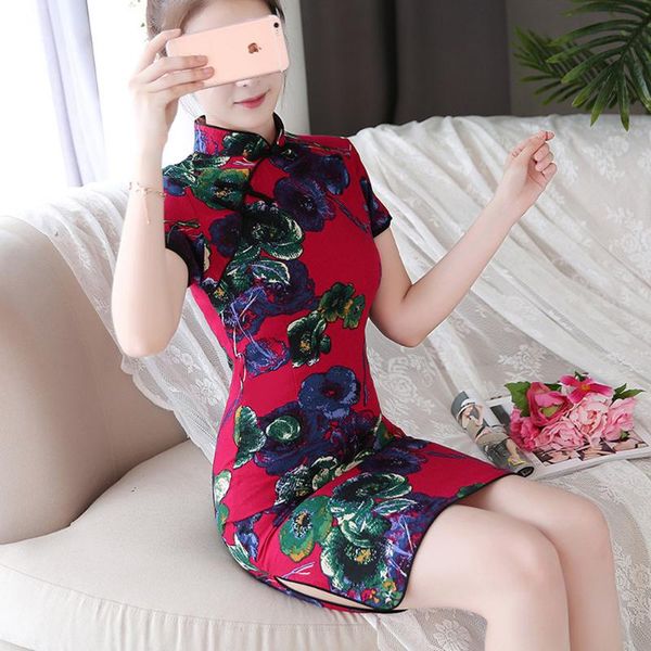 

vintage printed chinese tradition dresses qipao cheongsam cotton linen plus size 3xl for women short sleeve summer new arrival, Red